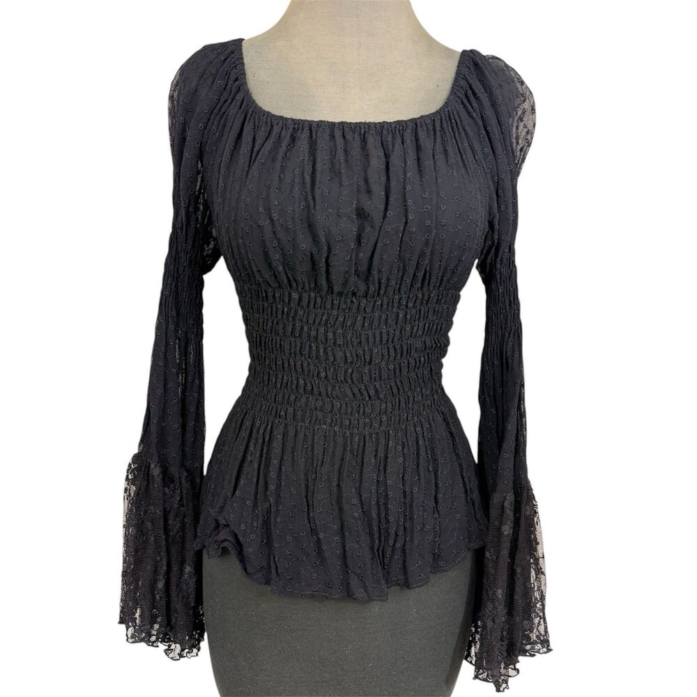 Marrika Nakk Whimsigoth Peasant Blouse Smocked Sheer Lace Bell Sleeve OS Black